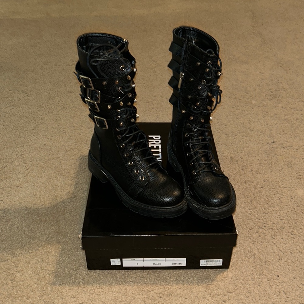 Black PU Textured Multi Buckle Lace Up BikerBootsworn once with box